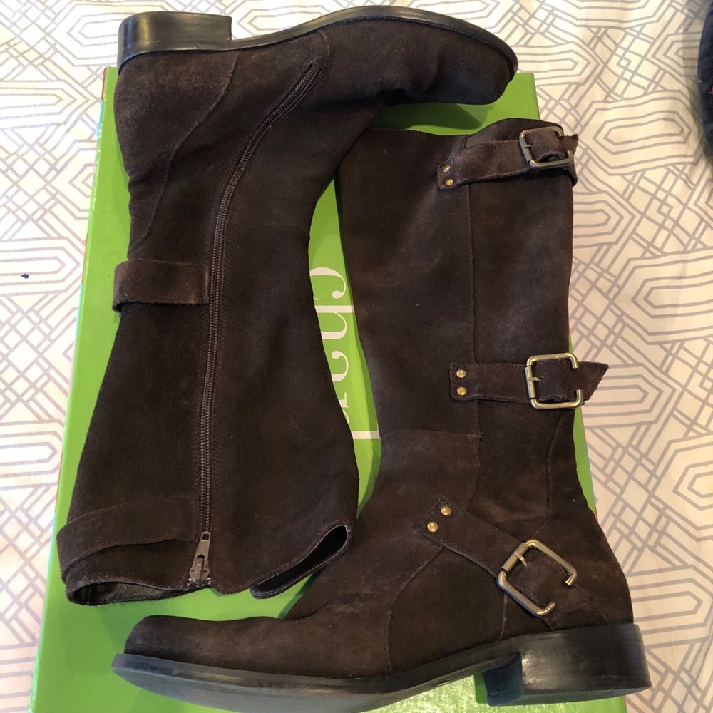 Brown suede, calf height flat boots